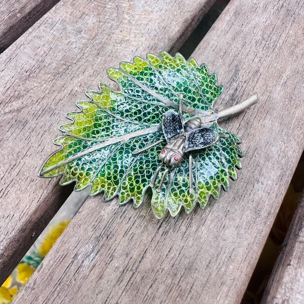 Vintage Plique a Jour Enamel 800 Silver Leaf Bug Brooch Large